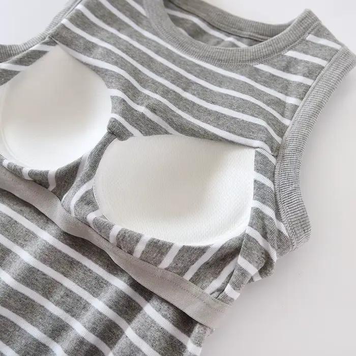 Une pièce pyjamas hauts pour femmes nouvelle mode rayé sans manches vêtements de nuit pour enfants chemise mince coton coussin de poitrine sommeil T-Shirts