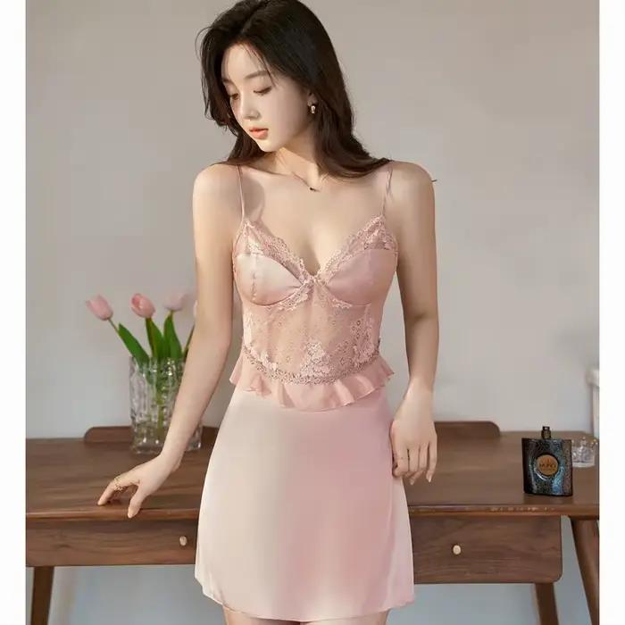 Chemise de nuit en dentelle rose pour femmes, Sexy, à bretelles, vêtements de nuit, robe de chambre, été, Satin soyeux, peignoir, vêtements de détente