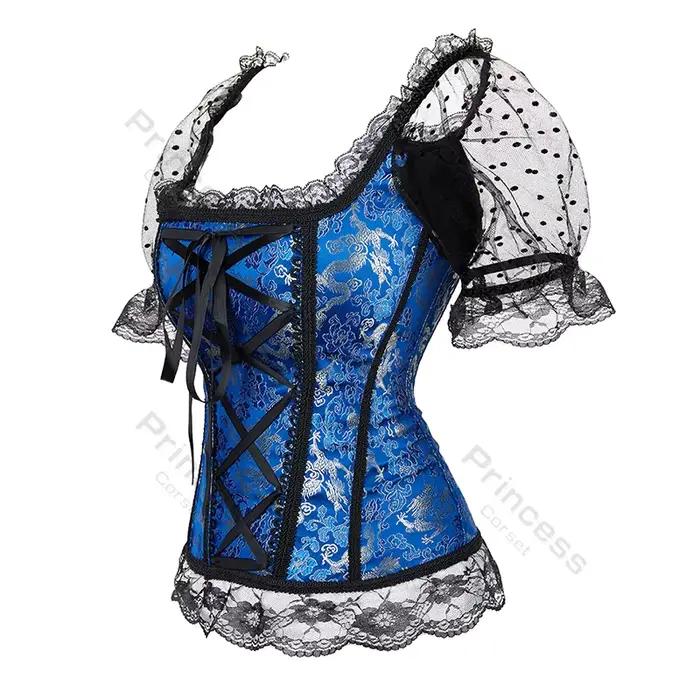 Corset avec manches princesse Corset haut en dentelle Corsets floraux pour femmes grande taille Vintage Corset Bustier à lacets rose bleu or