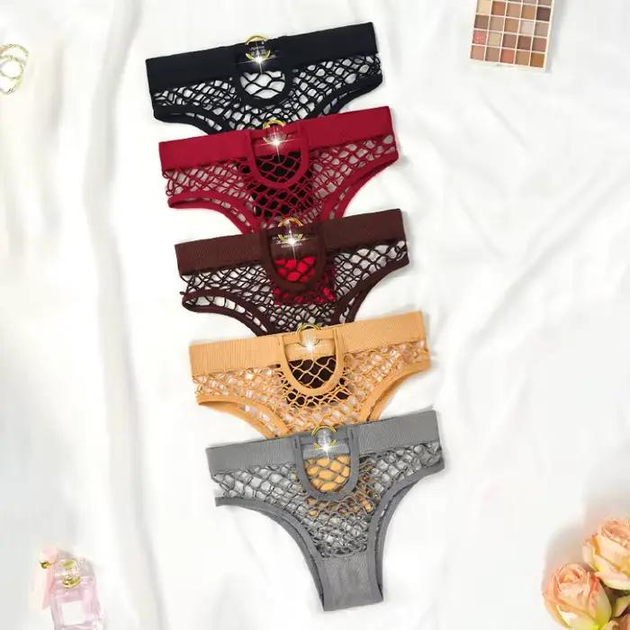 Nový štýl sieťovaný sexy ženské nohavičky jednofarebné stredne vysoké pásové sieťované dámske spodné prádlo priesvitné elastické tangá