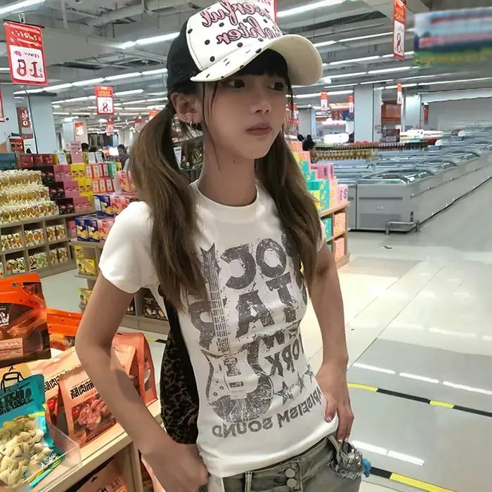 Karrram japonské Y2k tričko s potlačou písmen 2000s štýl s krátkym rukávom crop top Vintage Harajuku rebrované