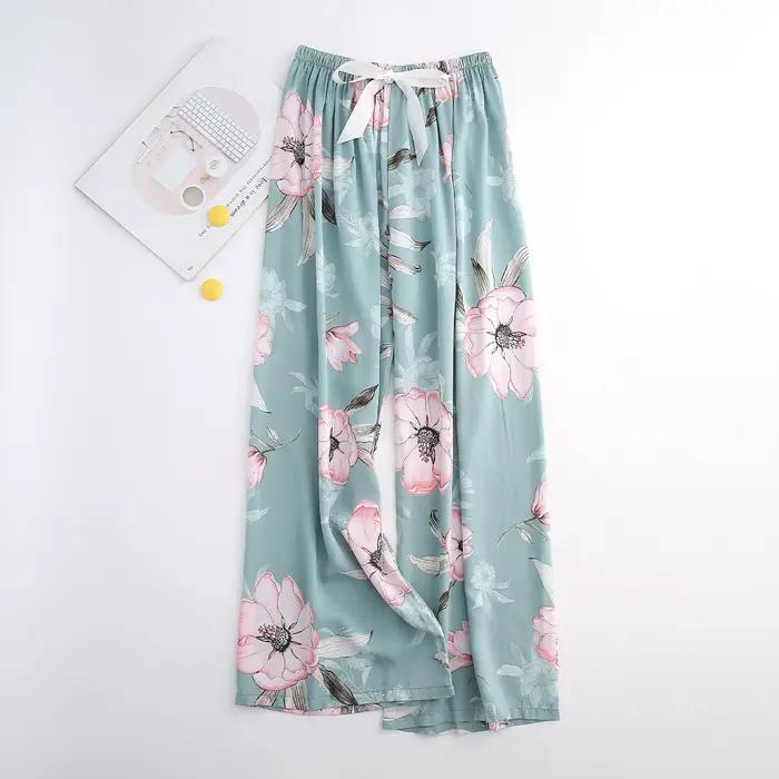 Pantalon de pyjama pour femmes, pantalon de maison, bas de sommeil fin, imprimé Floral, jambes larges, ample, grande taille, été