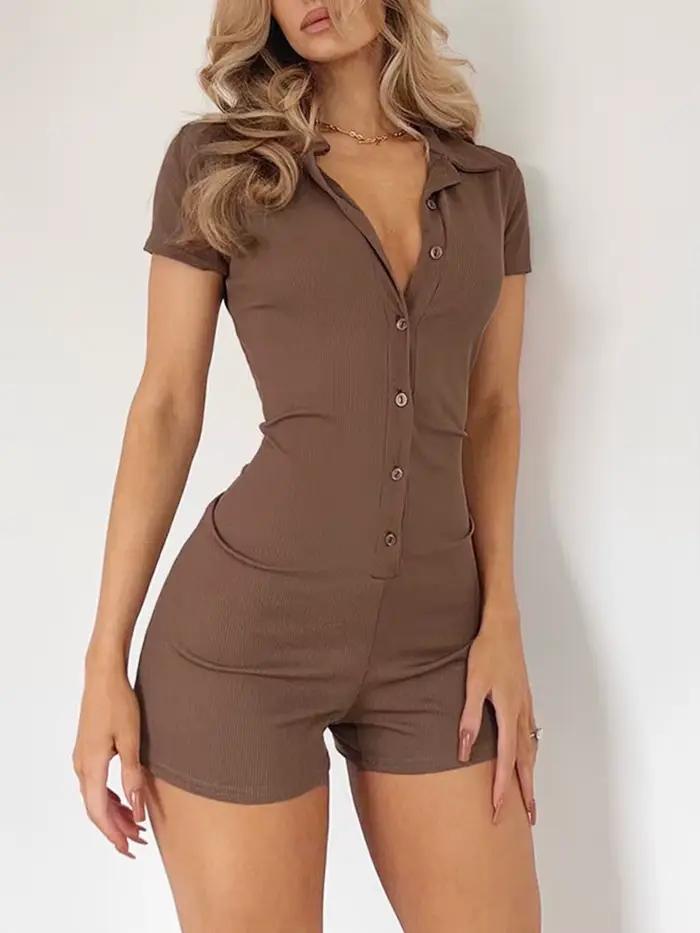 Combinaison noire côtelée à col rabattu pour femmes, body à manches courtes, simple boutonnage, bouton, moulante, une pièce