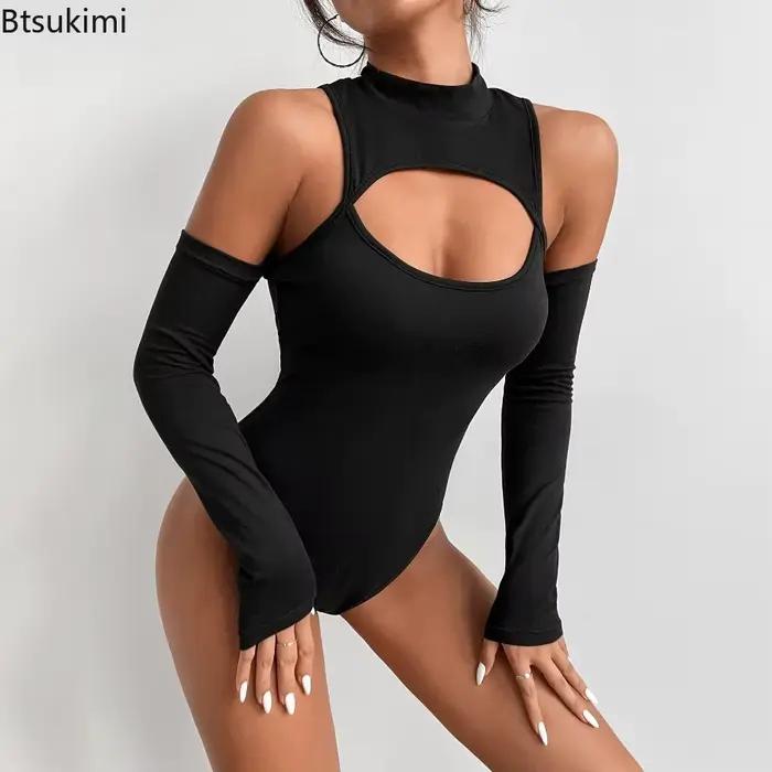 Combinaison sexy ajourée à manches longues et épaules dénudées pour femme, couleur unie, col semi-montant, vêtement de base tendance 2026