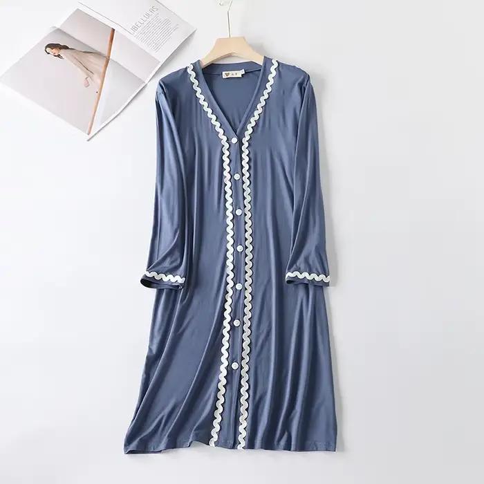 Vêtements de nuit en coton modal à manches longues et col en V pour femmes, robe de nuit en dentelle douce, chemise de nuit décontractée, vêtements de maison, printemps, automne