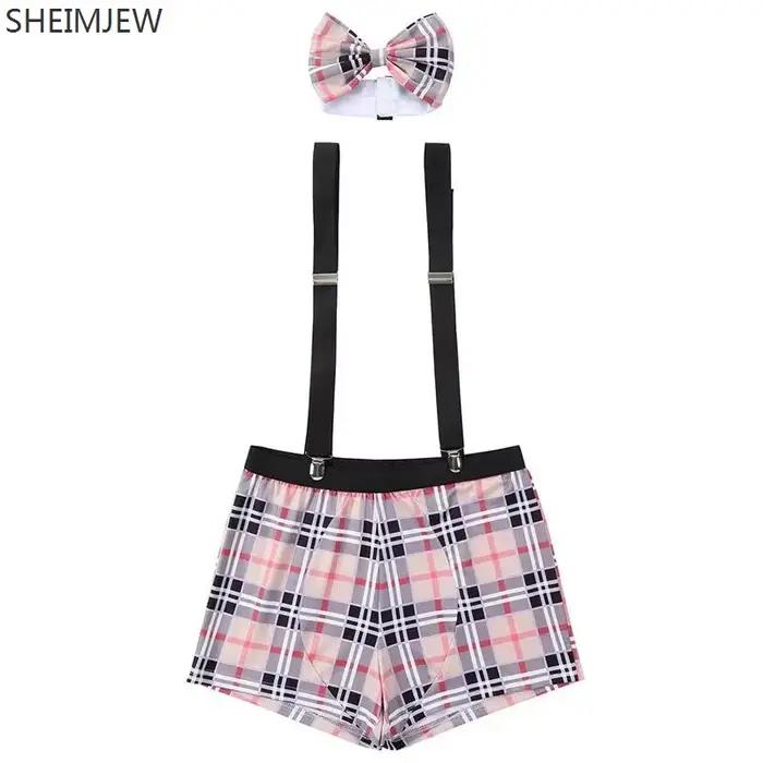 Qqa 2025 Plaid Noir Sexy Costume de serveur de Lingerie, tenue à bretelles, Costumes d'halloween pour hommes, vêtements de club de fête