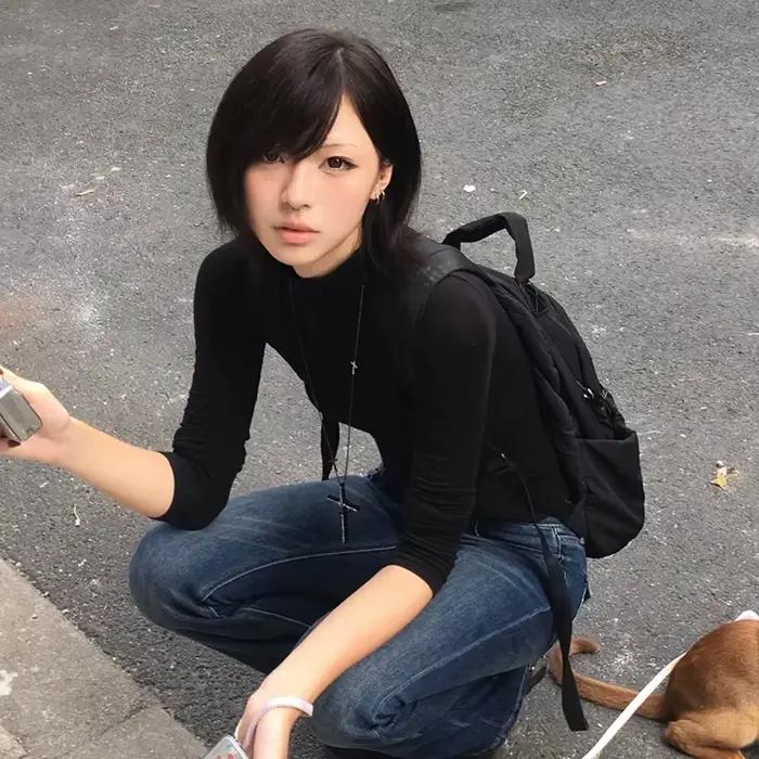 Tonngirls Y2k Japonské tričko pre ženy s dlhým rukávom čierny polovičný rolák