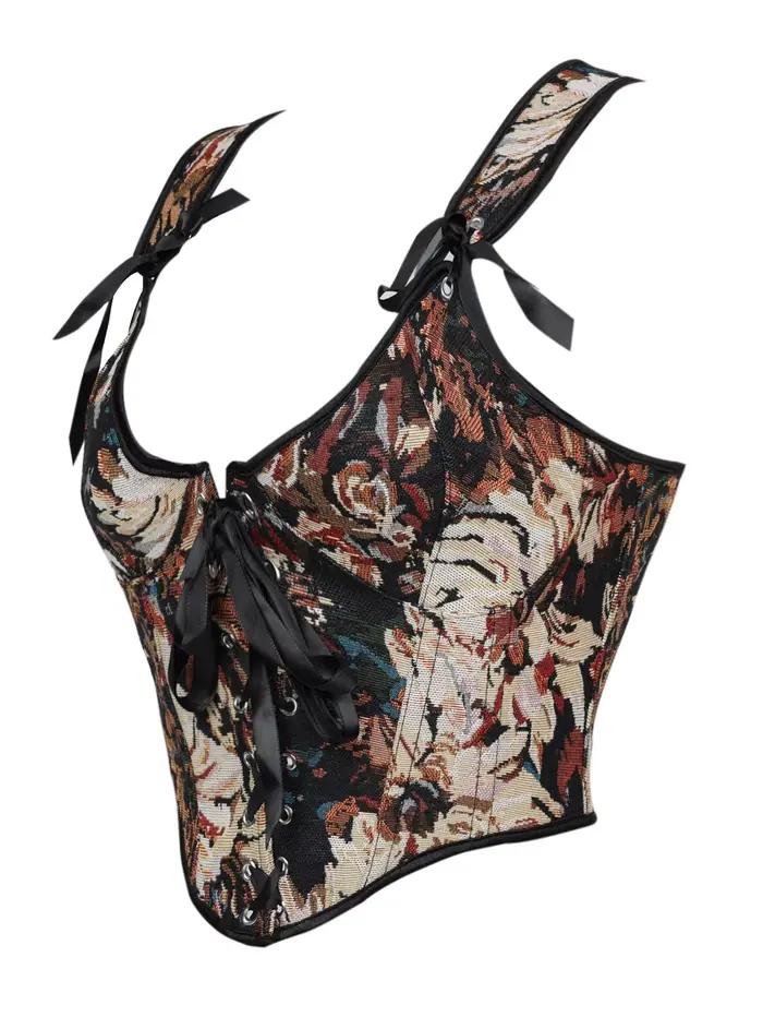Corset victorien à baleines, bustier vintage en jacquard style peinture à l'huile, avec lacets et ruban en satin rétro, gilet ajusté pour femme