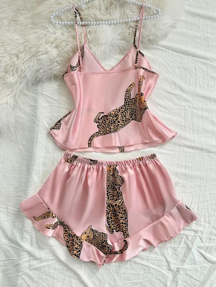 Dvojdielne pyžamo s leopardím vzorom, sexy a pohodlné nočné oblečenie pre ženy