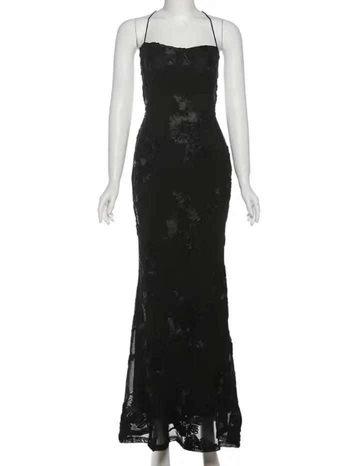 Nibber Elegantná Kvetinová Výšivka Maxi Šaty Ženy Nízky Golier Krížový Obväz Holý Chrbát Letné Uličný Trend Skinny