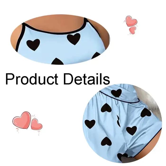 Ensemble de pyjama pour femmes, t-shirts et shorts, imprimé cœur rose, t-shirt à col rond, haut en soie glacée, confortable, décontracté, été 