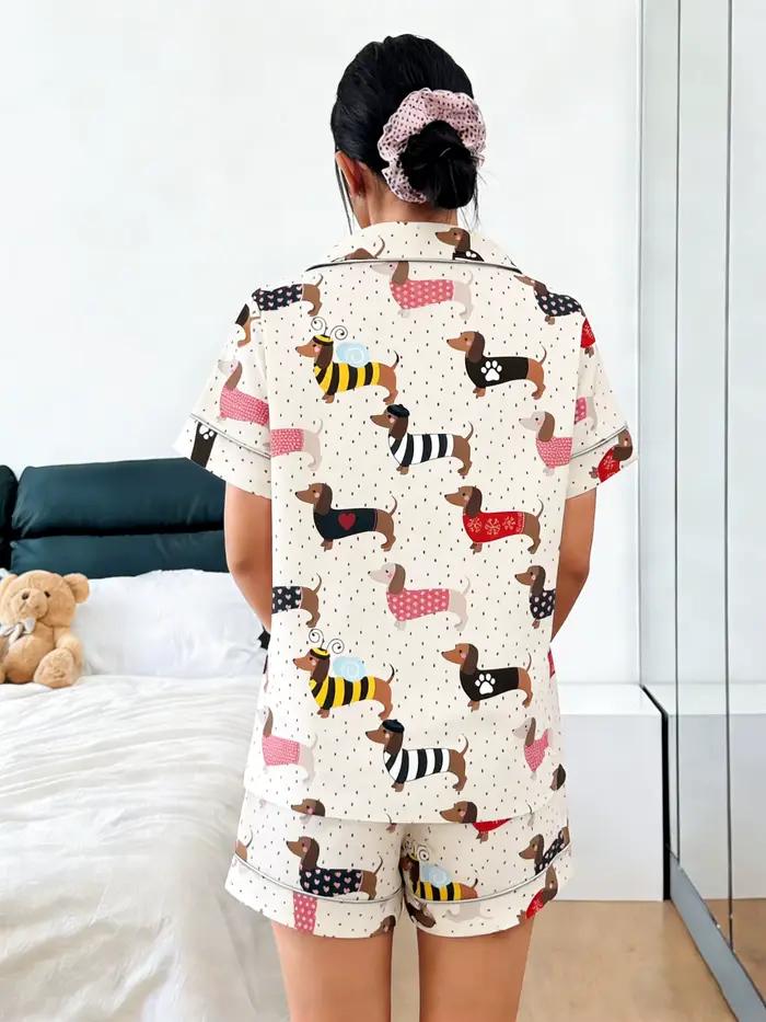 Pyjama femme 2 pièces avec cardigan à revers et short à manches courtes, imprimé Teckel, style mignon, pour le printemps et l'été, vêtements d'intérieur et de détente