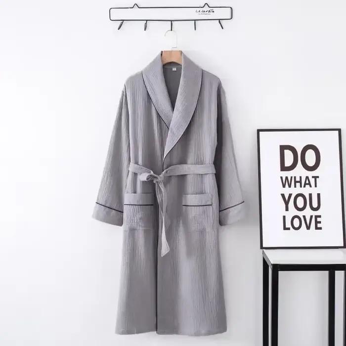 Chemise de nuit en coton pour couple, cardigan à manches longues, au-dessus du genou, peignoir pour hommes et femmes avec ceinture, chemise de nuit pour la maison, hôtel, grande taille