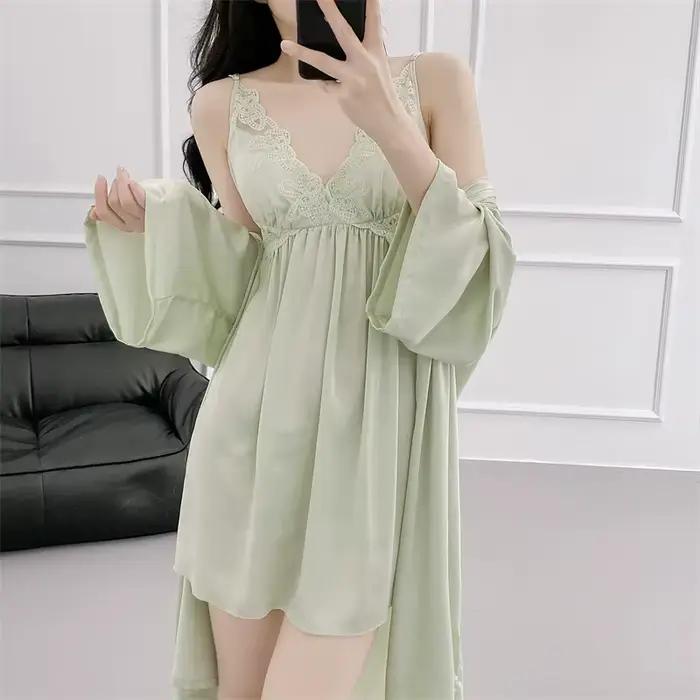 Nuisette et Robe en soie glacée, vêtements de nuit, ensemble Kimono deux pièces en dentelle, Long peignoir élégant, chemise de nuit Sexy, vêtements de maison