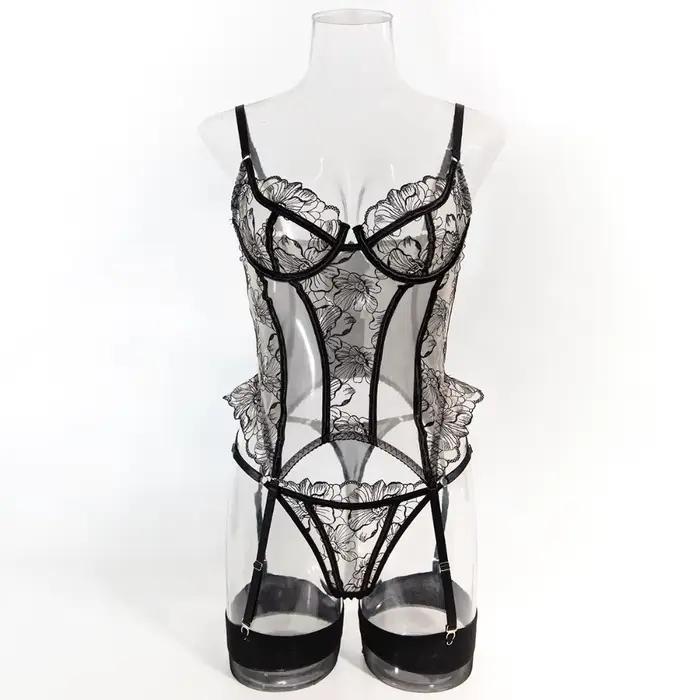 Ensemble de lingerie féminine Willowy, élégant corset et string 2 pièces avec bas, motif floral, baleines et volants, kit intime amincissant
