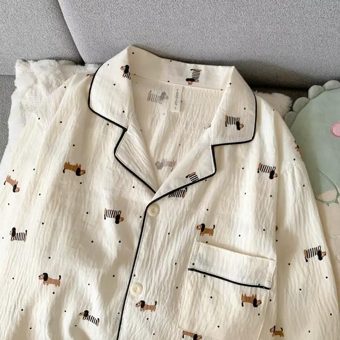 Ensemble pyjama pour femmes, Cardigan en coton fin, pantalon à manches longues, dessin animé teckel, vêtements de maison, vêtements de nuit pour femmes, printemps et automne
