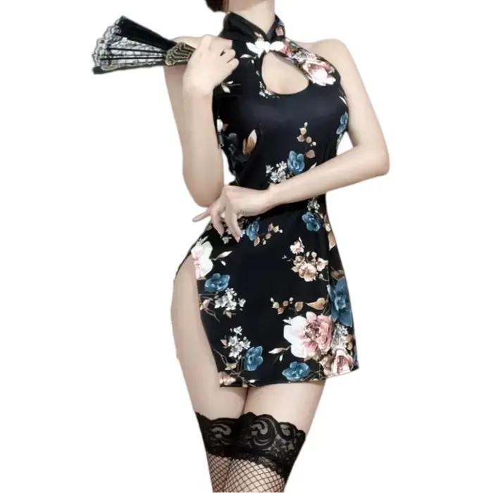 Lingerie Cheongsam de style chinois, ensemble uniforme imprimé moulant sans manches avec fente, découpes sensuelles et séduisantes pour femme
