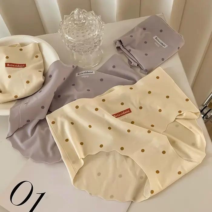Culottes de lingerie en soie glacée, taille mi-haute, douces pour la peau, à pois, sans couture, pour femme et jeune fille