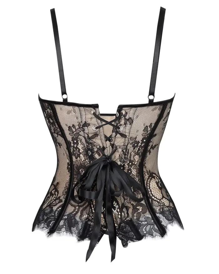 Corset pour femme noir à dentelle florale, bretelles fines réglables, dos en satin à lacets, deux options de couleur