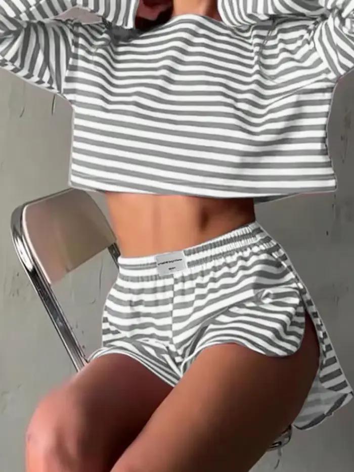 Ensemble de pyjamas légers pour femmes, style élégant, col rond, shorts courts, motifs rayés, pour le sommeil et la détente été