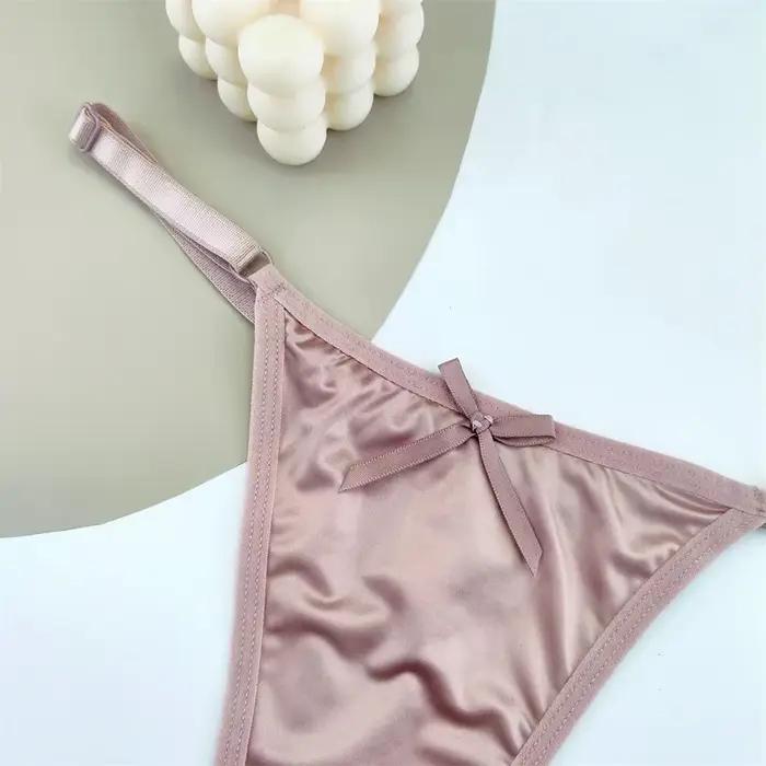 String en Satin réglable pour femmes, 3 pièces, sous-vêtements Sexy, taille basse, dos en T, fesses pêche, tentation, nœud Sexy, Lingerie