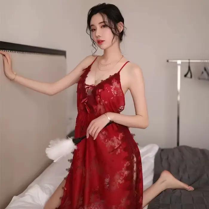 Chemise de nuit en dentelle évidée à fleurs grises pour femmes, vêtements de nuit, lingerie, bretelles spaghetti, robe de nuit avec tongs