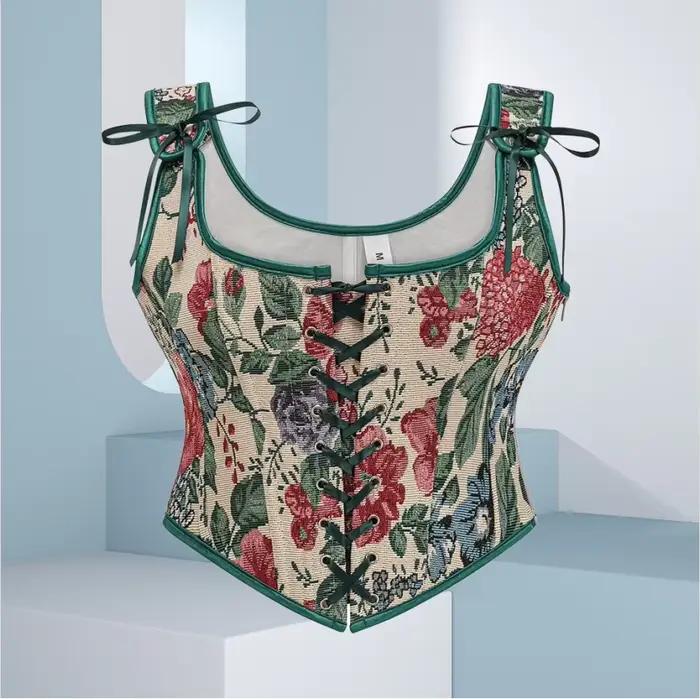 Vert motif Floral taille formation surbuste gothique médiéval Corset à lacets désossé Sexy gilet haut femmes Vintage Steampunk vêtements