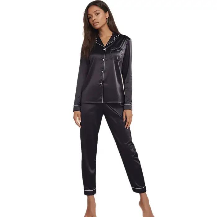 Pyjama en Satin grande taille pour femmes, manches longues, pantalon Long, soie fine, ensemble deux pièces décontracté pour la maison, printemps/été