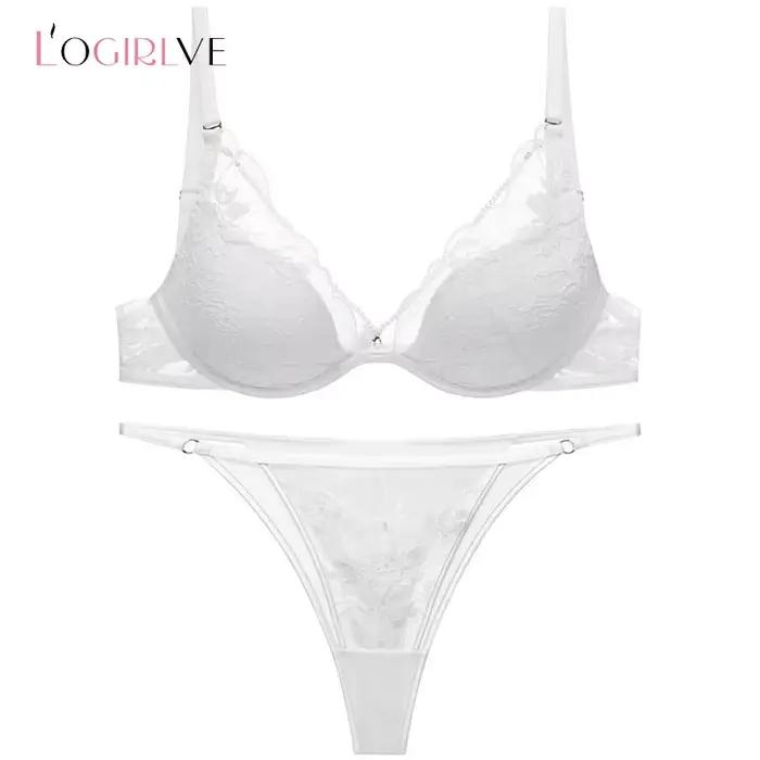 Ensemble de lingerie fine française Logirlve pour femme, sexy, en satin et dentelle, avec soutien-gorge confortable imprimé et string, sous-vêtements tentants