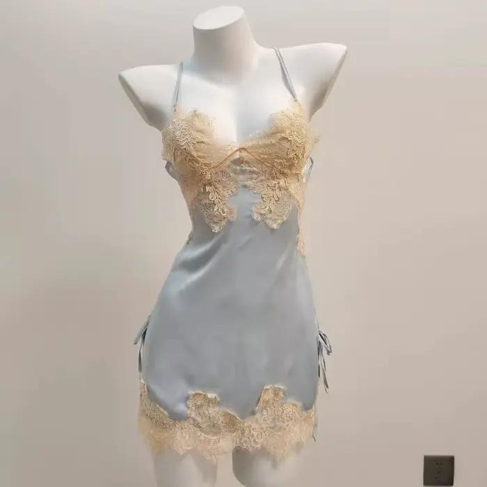 Sexy pyžamo pre ženy, nočná bielizeň z ľadového hodvábu a čipky