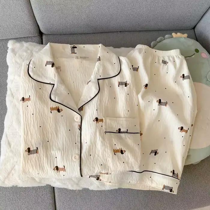 Ensemble pyjama pour femmes, Cardigan en coton fin, pantalon à manches longues, dessin animé teckel, vêtements de maison, vêtements de nuit pour femmes, printemps et automne