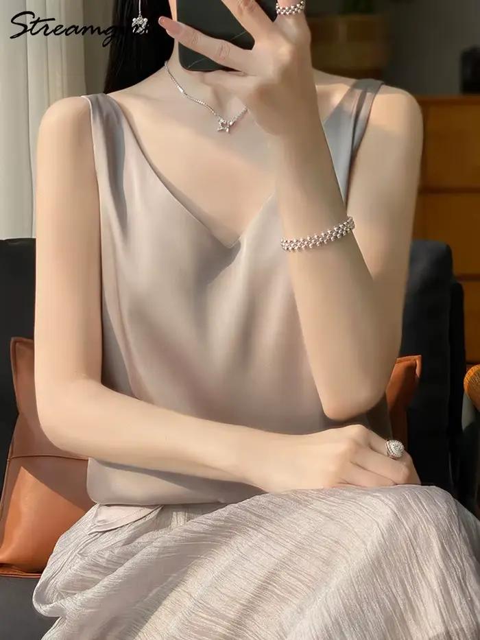 Streamgirl-Dámske saténové tielko s ramienkami, biela, elegantné, sexy, letné