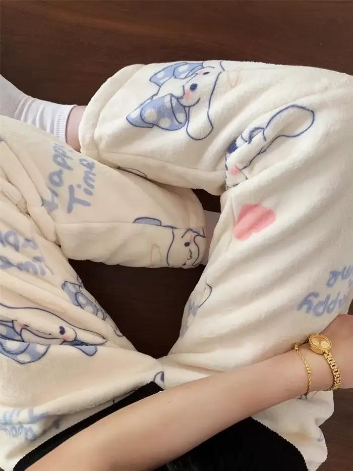 Pantalon de pyjama en flanelle Sanrio Cinnamoroll pour femme, motif dessin animé, automne et hiver, en velours corail, décontracté, pour la maison et le sommeil