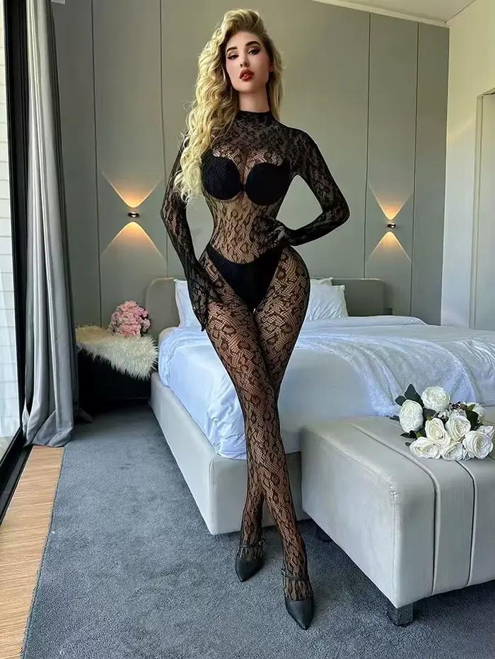 Ženy Sexy leopardí sieťovaný body s dlhými rukávmi priesvitná čipka Lingerie