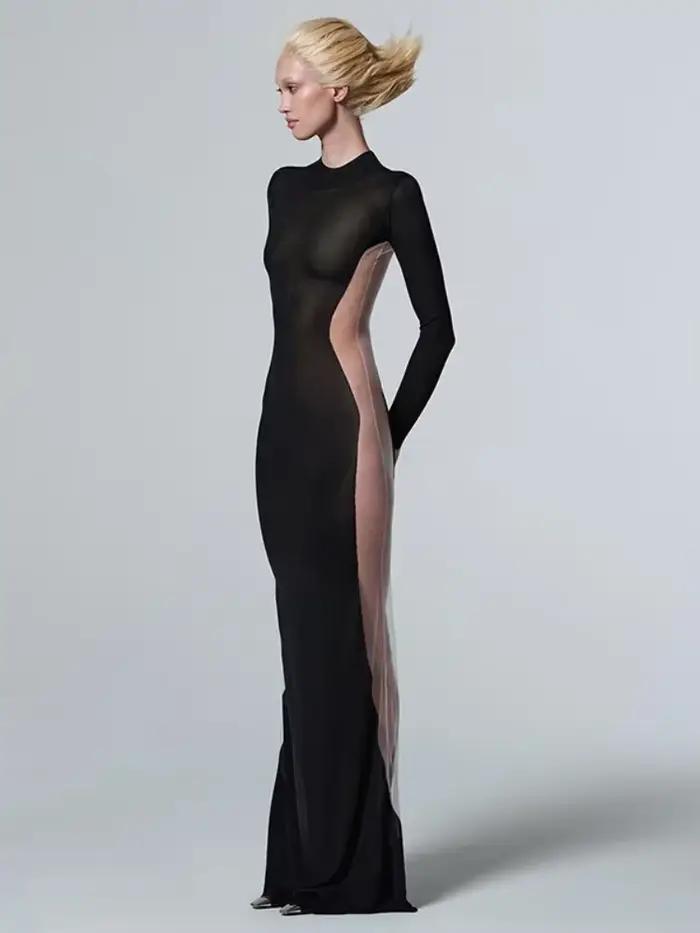 Robes Maxi noires pour femmes, robes transparentes sur le côté, élégantes éducatives, une pièce mince, robe de nuit sexy, tenue de club chaude
