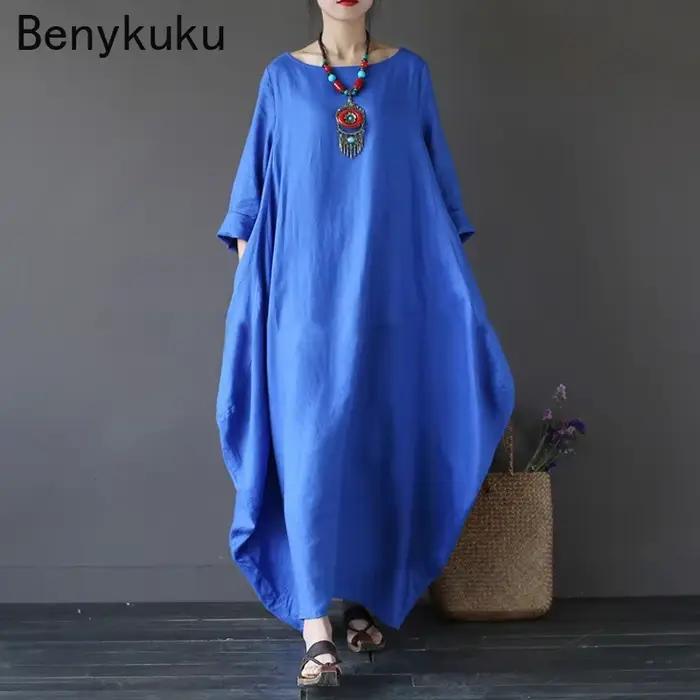 Vintage dlhé maxi šaty pre ženy s dlhými rukávmi veľká veľkosť kaftan voľný bavlnený ľanový casual 2025