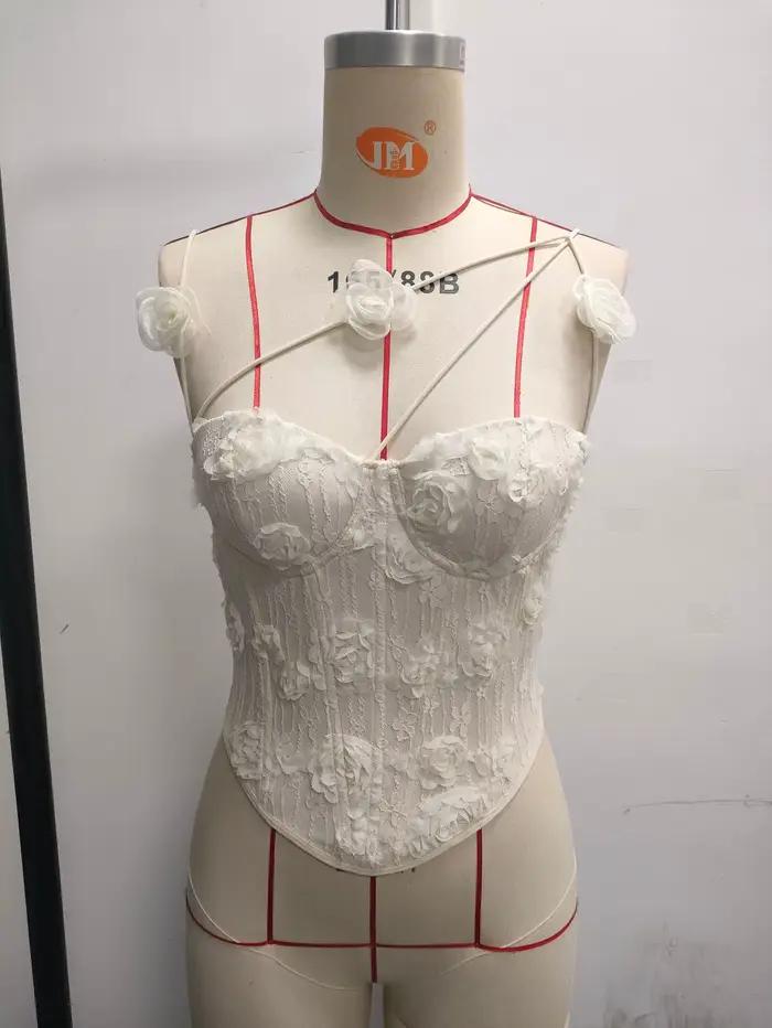 Corset chic pour femme en dentelle 3D rose crème, bretelles spaghetti croisées, bustier pour streetwear et clubwear