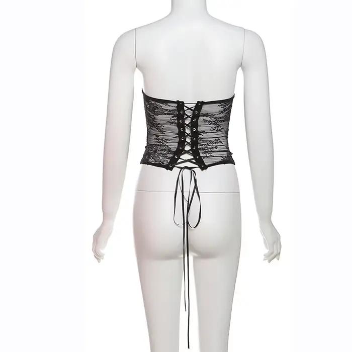 Sexy acier os Korset femme évider sans bretelles dentelle soutien-gorge haut bustier maille femmes Lingerie noir blanc Biege Corset