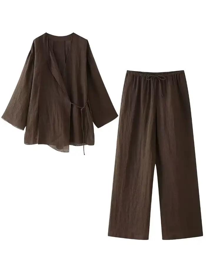 Willshela dámsky módny 2-dielny set s pevnými šnúrkami a vintage elastickým pásom nohavíc Feamle Chic dámske nohavicové sety