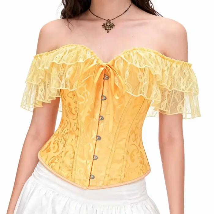 Corsets élégants en Jacquard jaune et dentelle, à volants désossés, haut Sexy, surbuste, vêtements Vintage, Bustier gothique pour femmes victoriennes y2k