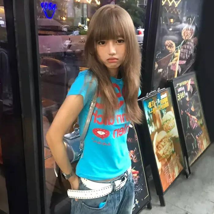 Karrram japonské Y2k tričko s potlačou písmen Trashy 2000s štýl krátky top Vintage Harajuku krátke rukávy