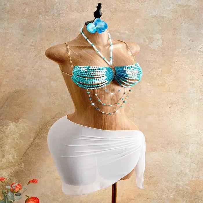 Chaîne de corps perlée multicolore bleu ciel et blanc pour femme, style soutien-gorge, pour plage, été, bikini, crop top, tenue de soirée sexy