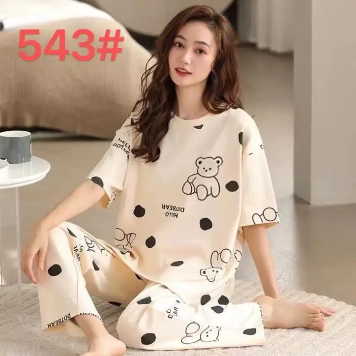 Ensemble pyjama pour femmes, manches courtes, pantalons longs, étudiant, décontracté, ours de dessin animé, doux Cuet, vêtements de nuit, vêtements de nuit romantiques
