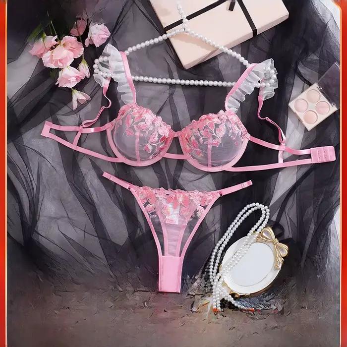 Ensemble de soutien-gorge en dentelle transparente brodée ultra-mince Ensemble de soutien-gorge à bretelles roses Design dos nu froncé confortable et respirant pour les jeunes...