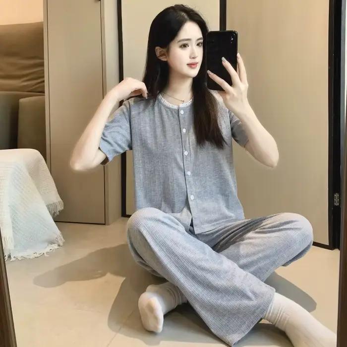Pyjama rayé en coton rose pour femmes, ensemble deux pièces pour l'été, chemise à manches courtes et pantalon long, vêtements de nuit simples et doux