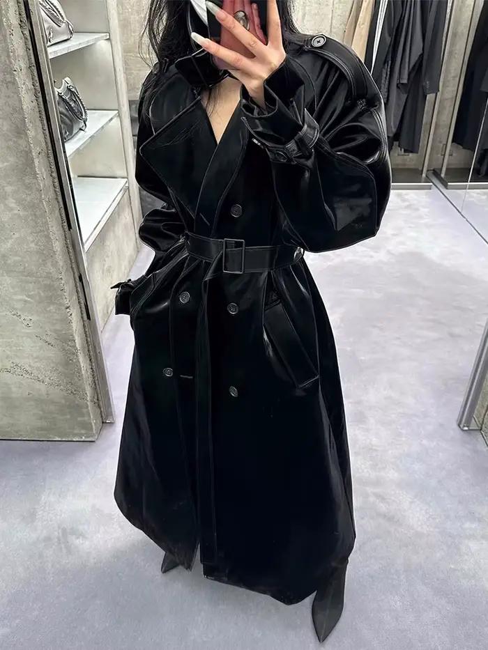 Lautaro jarenná a jesenná extra dlhá nadrozmerná cool reflexná lesklá čierna lakovaná koža Trench kabát pre ženy
