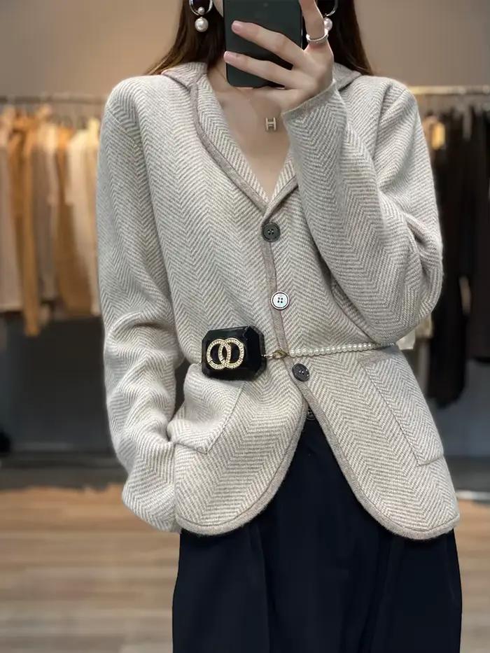 Jeseň zima ženy čistý kašmír vlna oblek kabát sveter ležérny pletený golier na mieru Cardigan zosilnenie
