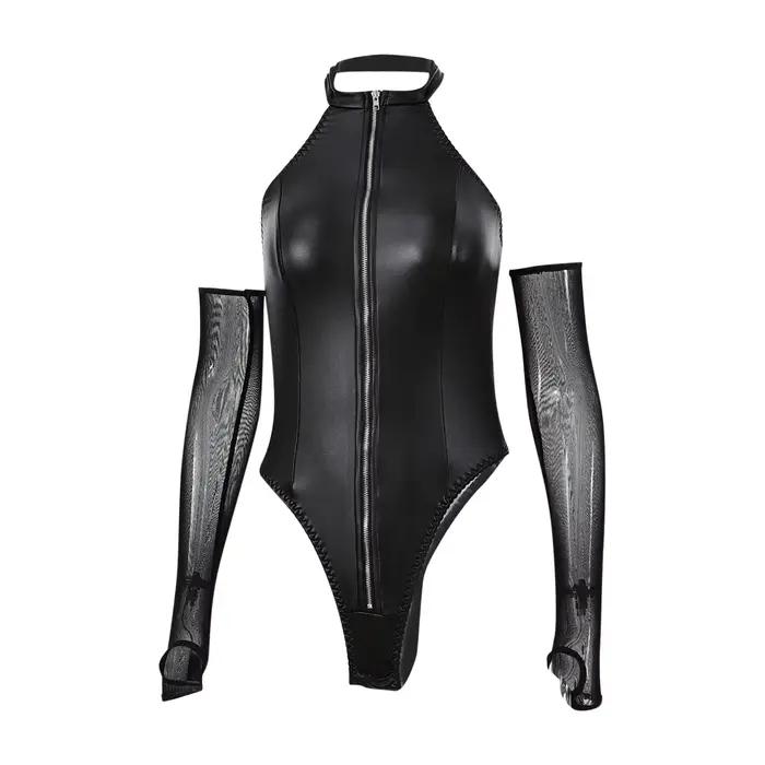 Sexy kožený body s otvoreným rozkrokom pre ženy