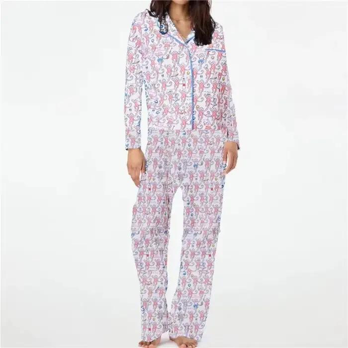 Pyjamas mignons et élégants pour femmes, style cartoon années 2000, col en V, polyester doux, deux pièces, nuit de sommeil confortable, cadeau idéal pour occasions spéciales