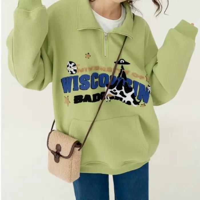 Polo aux motifs d'anime JBOLID pour femmes, pull confortable et élégant, vêtement pour étudiantes, style américain rétro, automne-hiver, broderie colorée, ajustement lâche